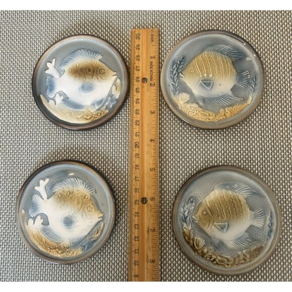 Set Of 4 Ceramic Fish Blue White Pottery Coasters Embossed Design Marine Life Co - Picture 3 of 7